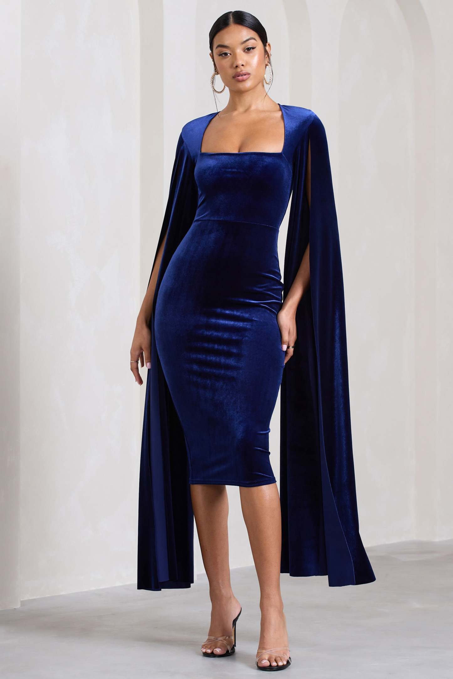 Flawless Navy Velvet Square Neck Midi Dress With Cape Sleeves-Fashionmomo.All Rights Reserved