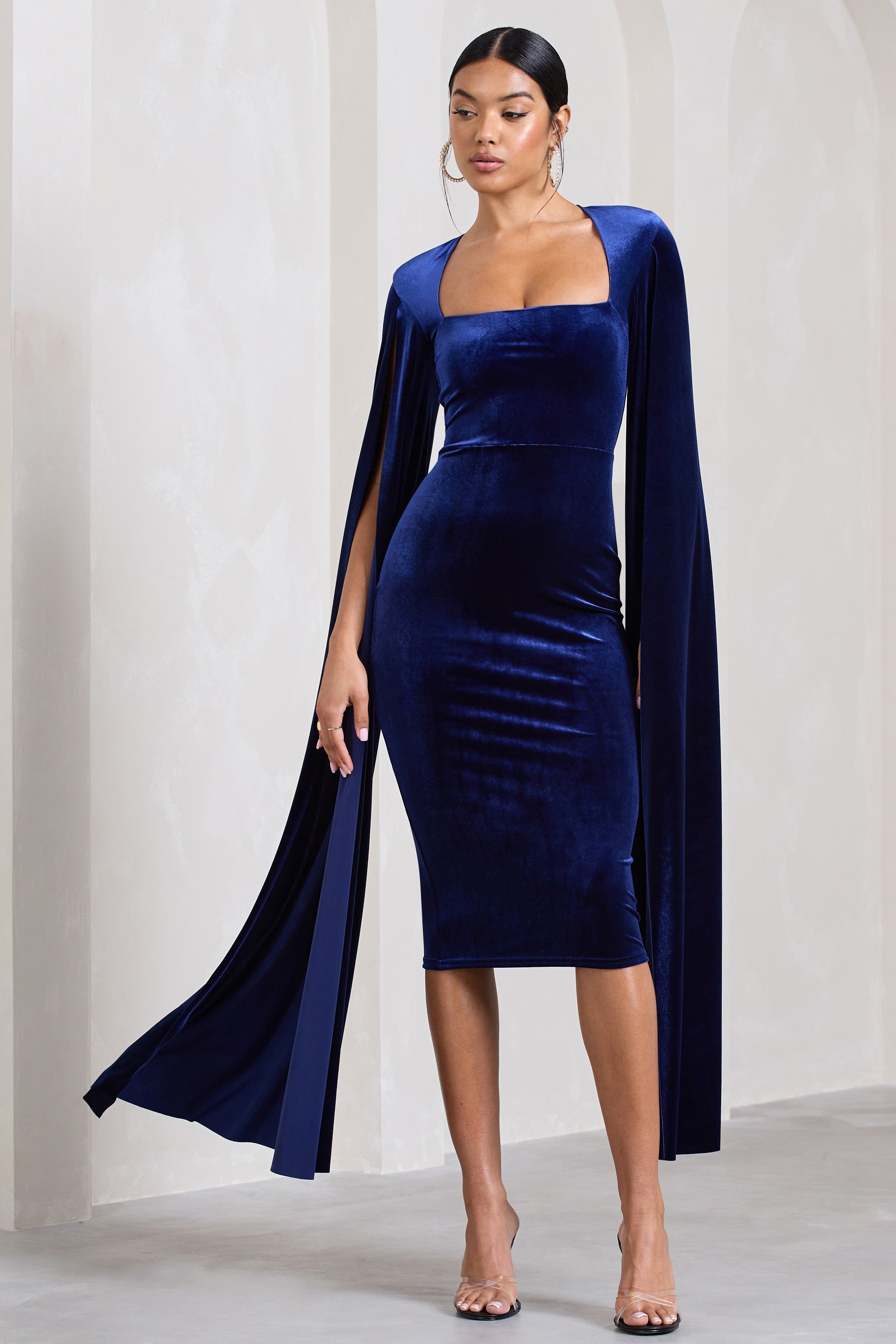 Flawless Navy Velvet Square Neck Midi Dress With Cape Sleeves-Fashionmomo.All Rights Reserved