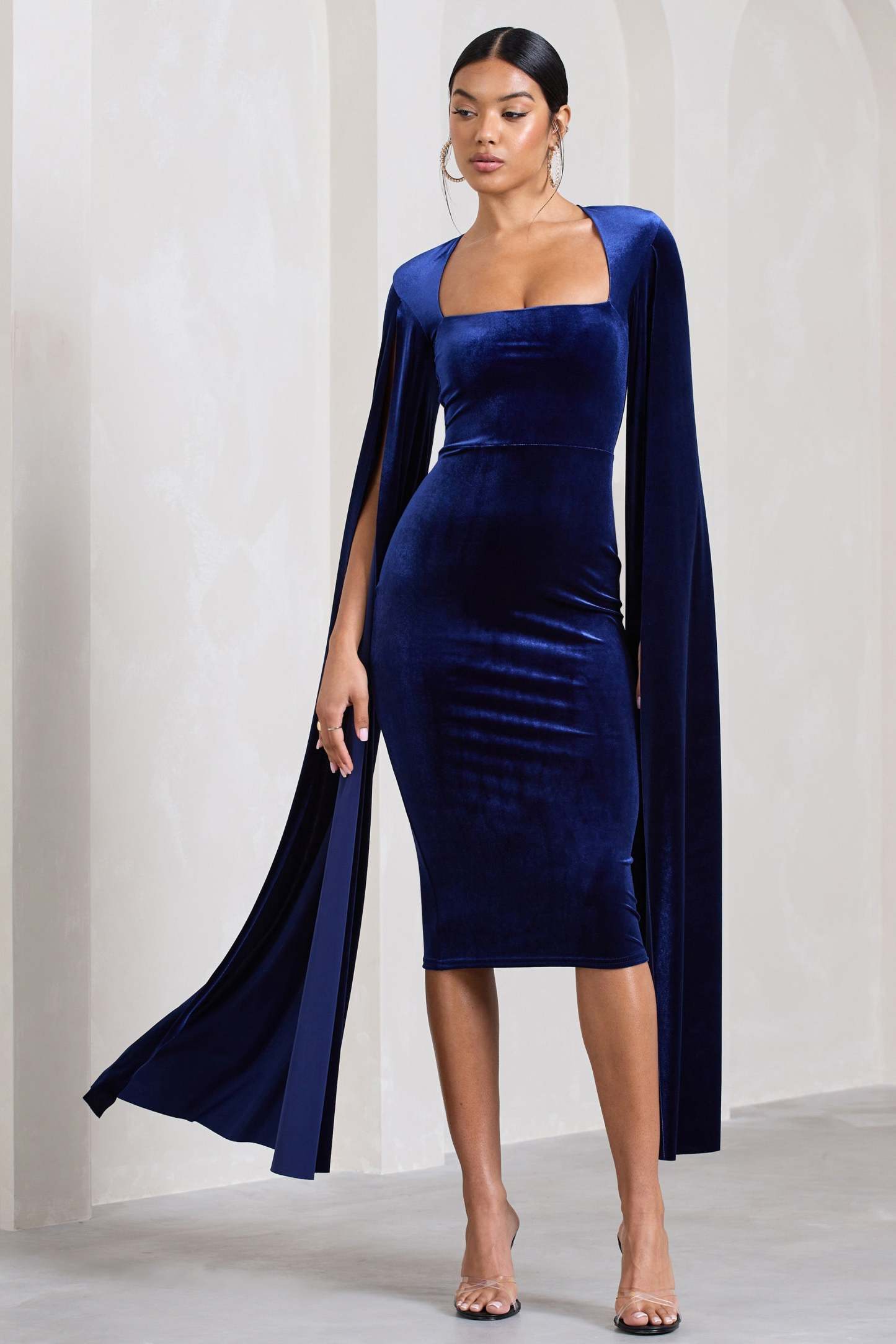 Flawless Navy Velvet Square Neck Midi Dress With Cape Sleeves-Fashionmomo.All Rights Reserved