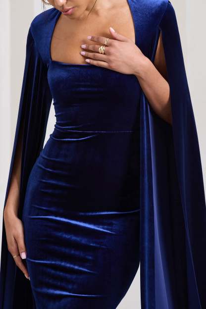 Flawless Navy Velvet Square Neck Midi Dress With Cape Sleeves-Fashionmomo.All Rights Reserved