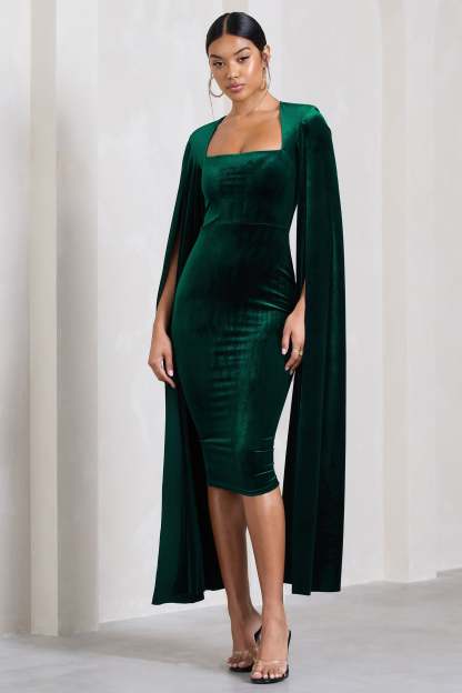 Flawless Bottle Green Velvet Square Neck Midi Dress With Cape Sleeves-Fashionmomo.All Rights Reserved