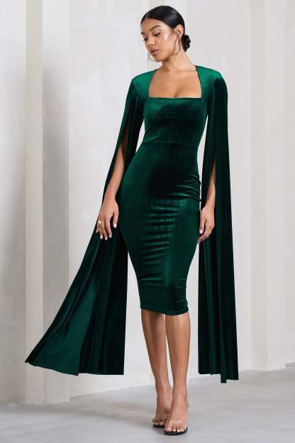 Flawless Bottle Green Velvet Square Neck Midi Dress With Cape Sleeves-Fashionmomo.All Rights Reserved