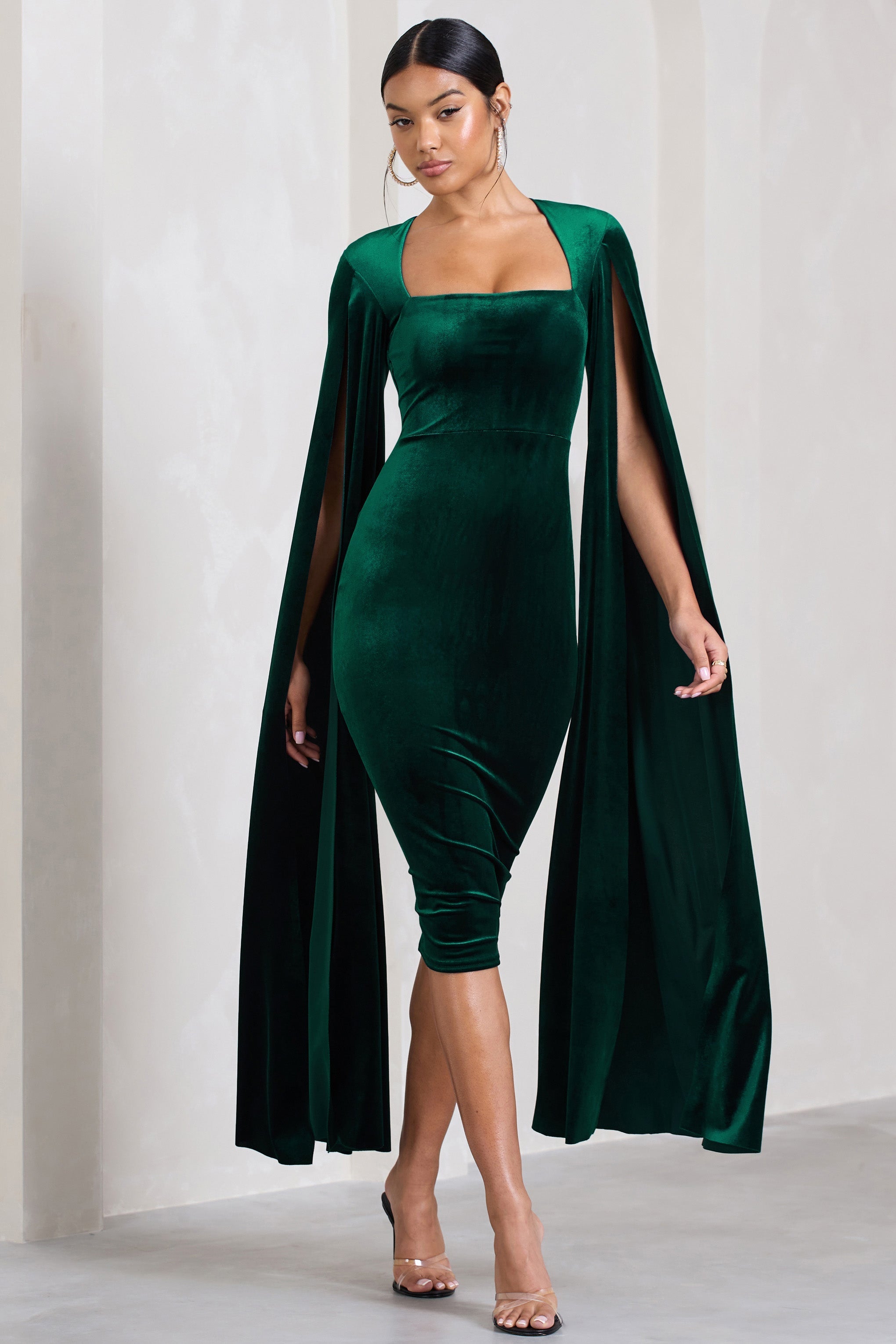 Flawless Bottle Green Velvet Square Neck Midi Dress With Cape Sleeves-Fashionmomo.All Rights Reserved