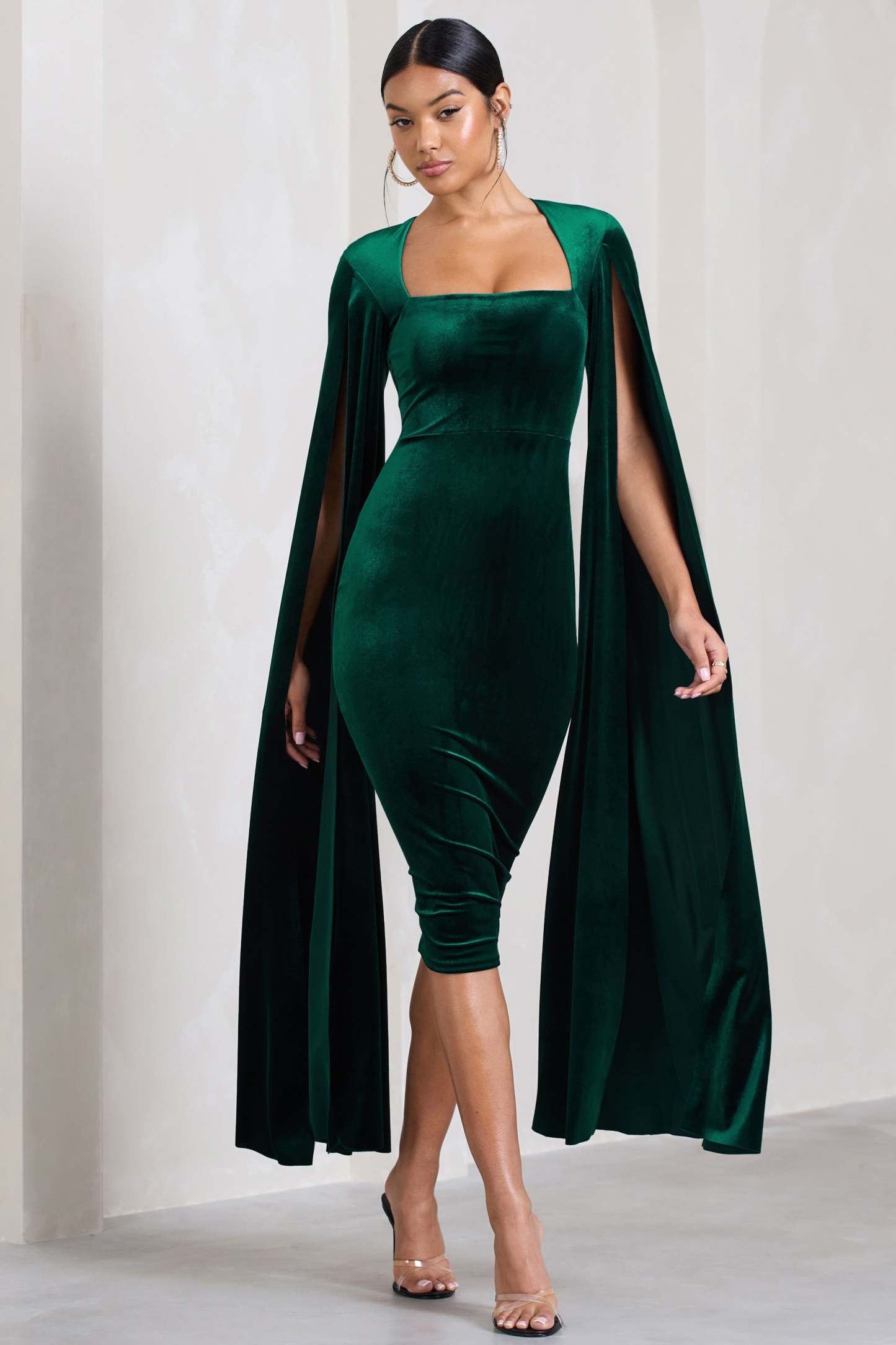 Flawless Bottle Green Velvet Square Neck Midi Dress With Cape Sleeves-Fashionmomo.All Rights Reserved