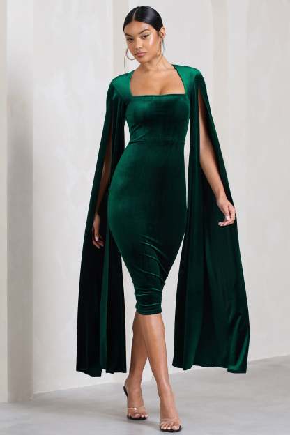Flawless Bottle Green Velvet Square Neck Midi Dress With Cape Sleeves-Fashionmomo.All Rights Reserved