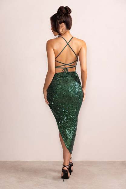 Anya Bottle Green Sequin Cami Cowl Neck Asymmetric Hem Midi Dress-Fashionmomo.All Rights Reserved