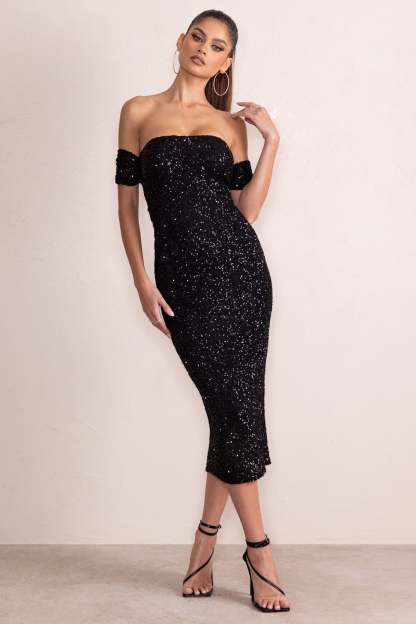 Aeris Black Sequin Bardot Ruched Draped Midi Dress-Fashionmomo.All Rights Reserved