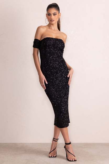Aeris Black Sequin Bardot Ruched Draped Midi Dress-Fashionmomo.All Rights Reserved