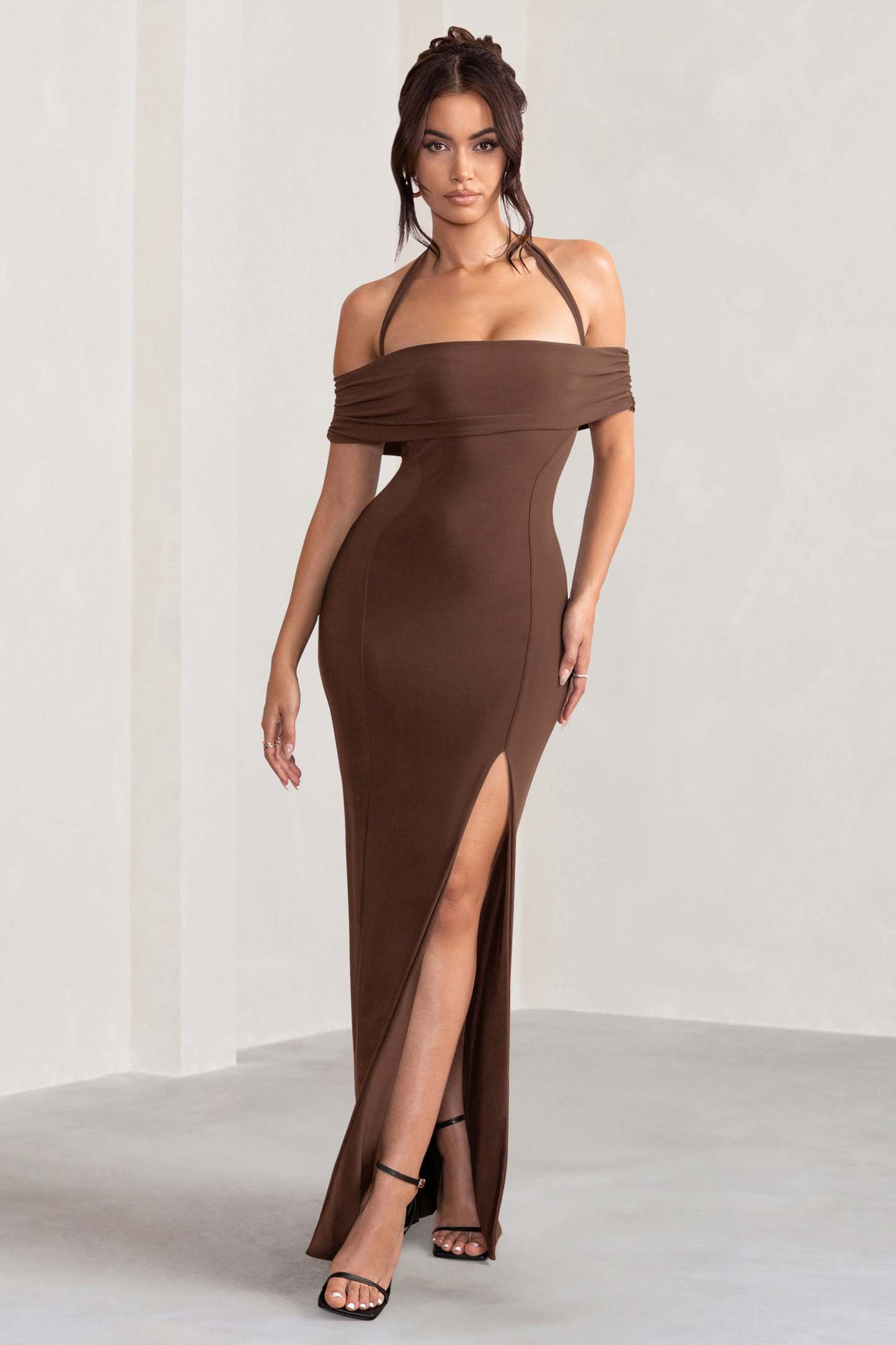 Anisa Chocolate Brown Layered Halter Neck Bardot Maxi Dress With Thigh Split-Fashionmomo.All Rights Reserved