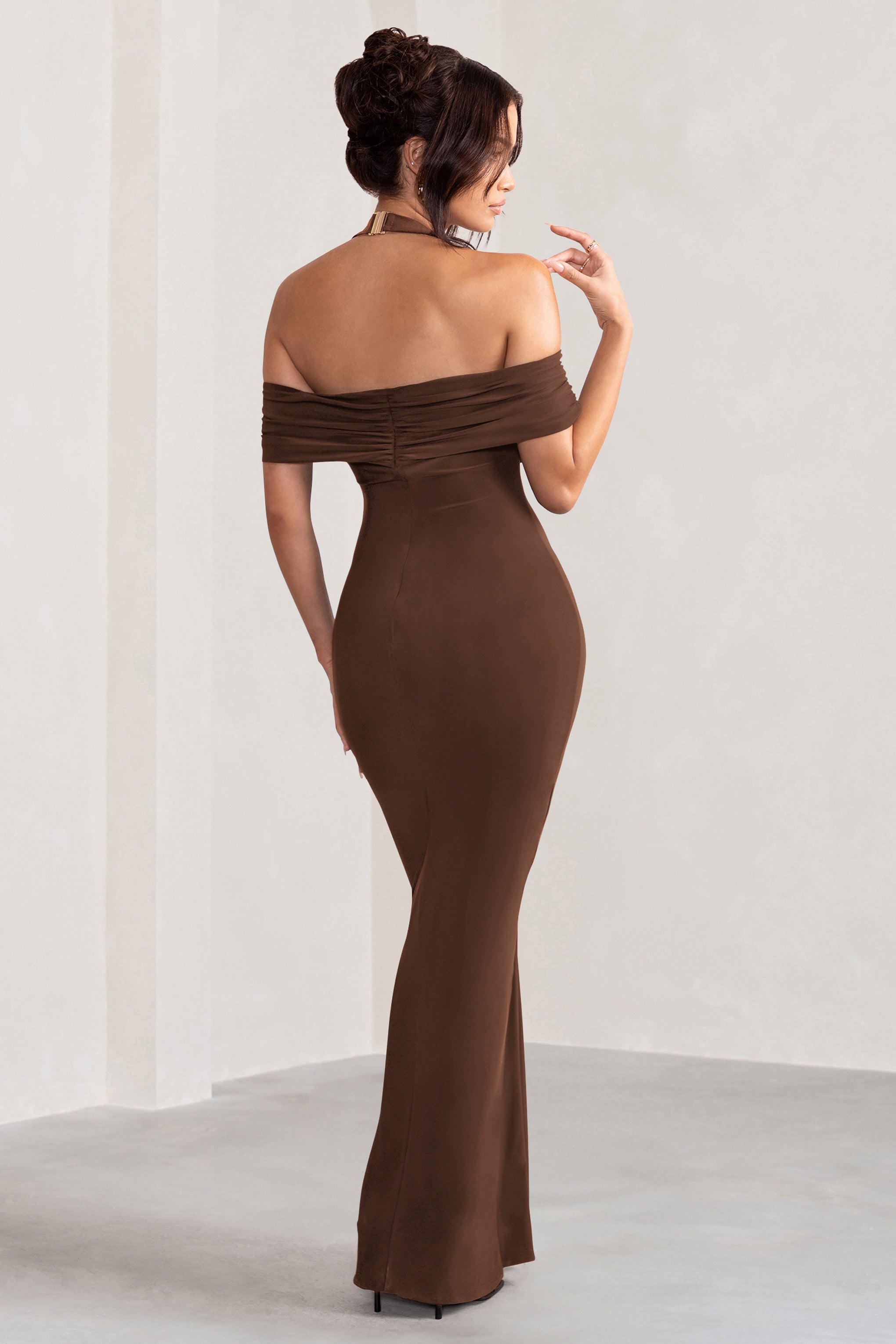 Anisa Chocolate Brown Layered Halter Neck Bardot Maxi Dress With Thigh Split-Fashionmomo.All Rights Reserved