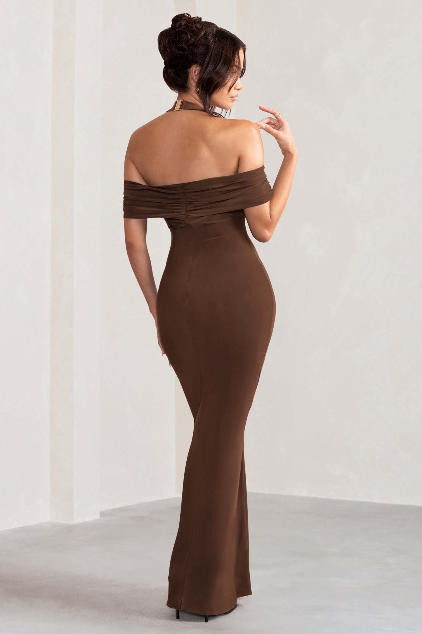 Anisa Chocolate Brown Layered Halter Neck Bardot Maxi Dress With Thigh Split-Fashionmomo.All Rights Reserved