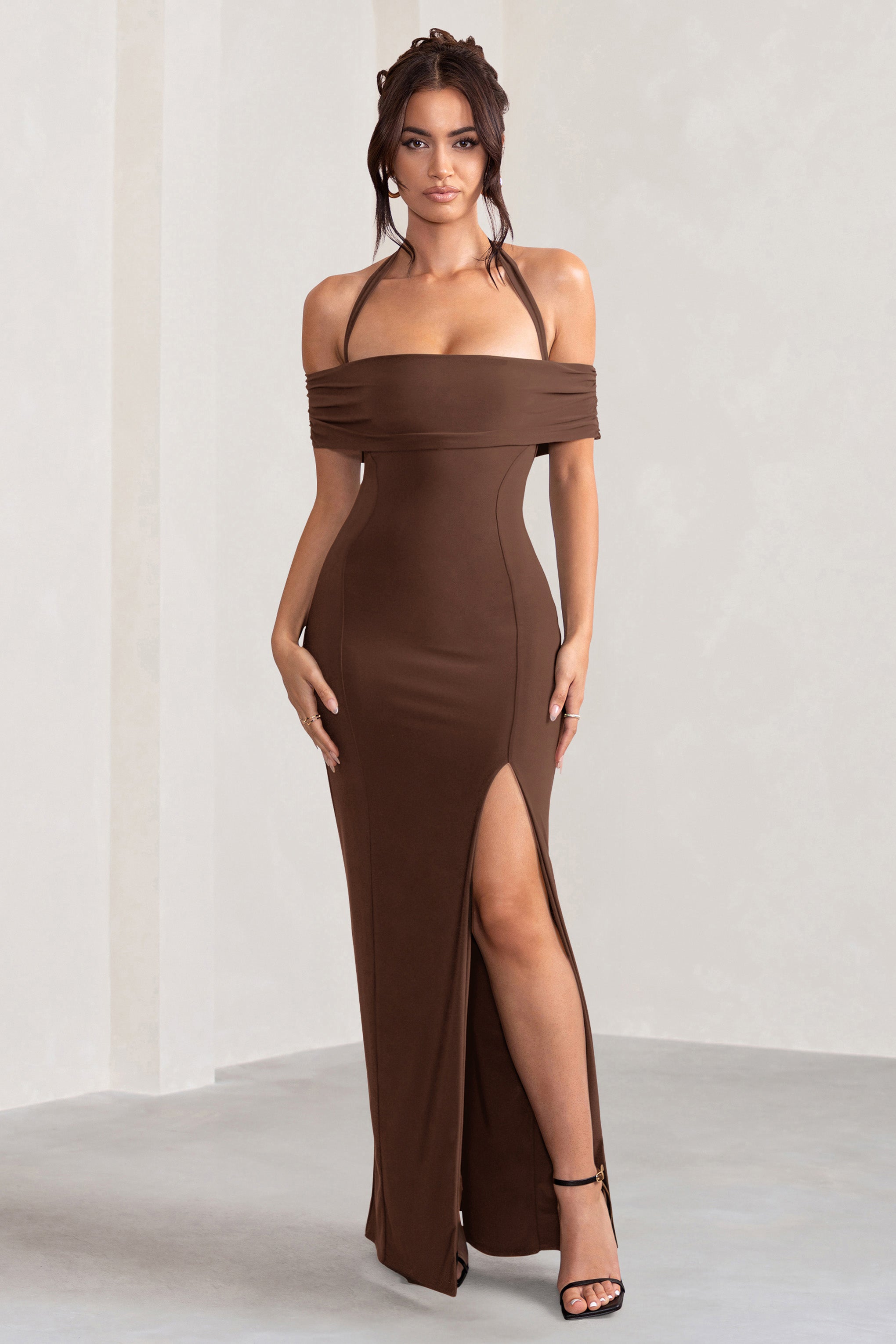 Anisa Chocolate Brown Layered Halter Neck Bardot Maxi Dress With Thigh Split-Fashionmomo.All Rights Reserved