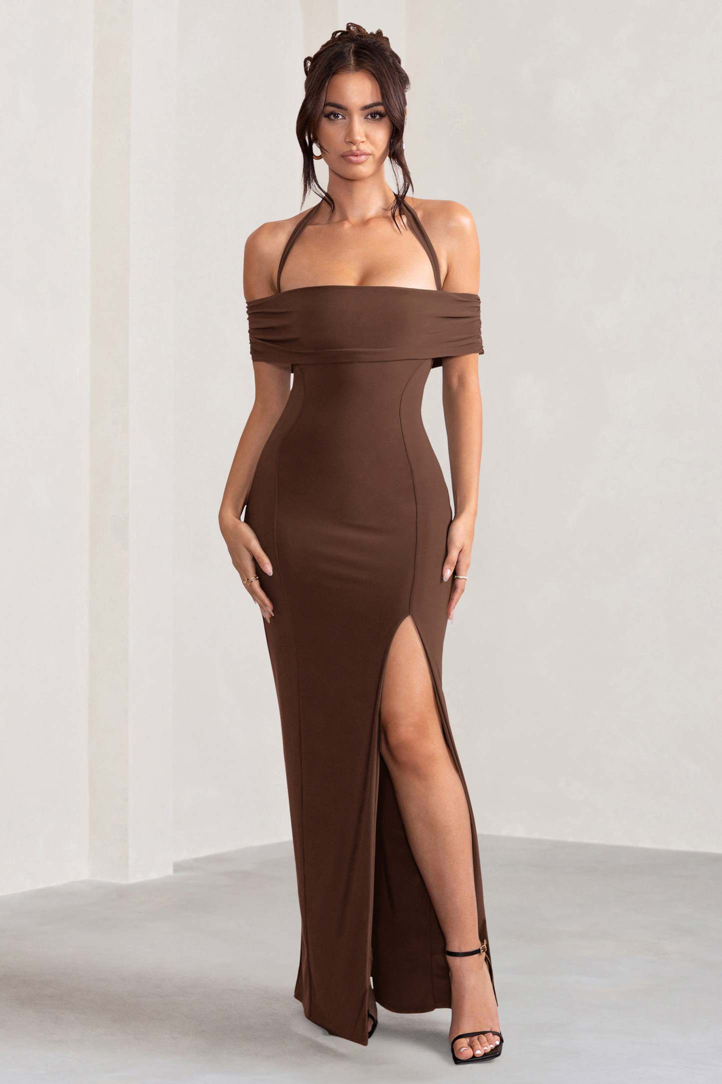 Anisa Chocolate Brown Layered Halter Neck Bardot Maxi Dress With Thigh Split-Fashionmomo.All Rights Reserved