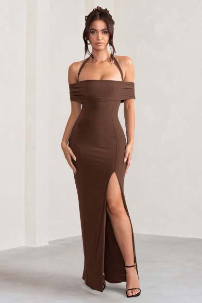 Anisa Chocolate Brown Layered Halter Neck Bardot Maxi Dress With Thigh Split-Fashionmomo.All Rights Reserved