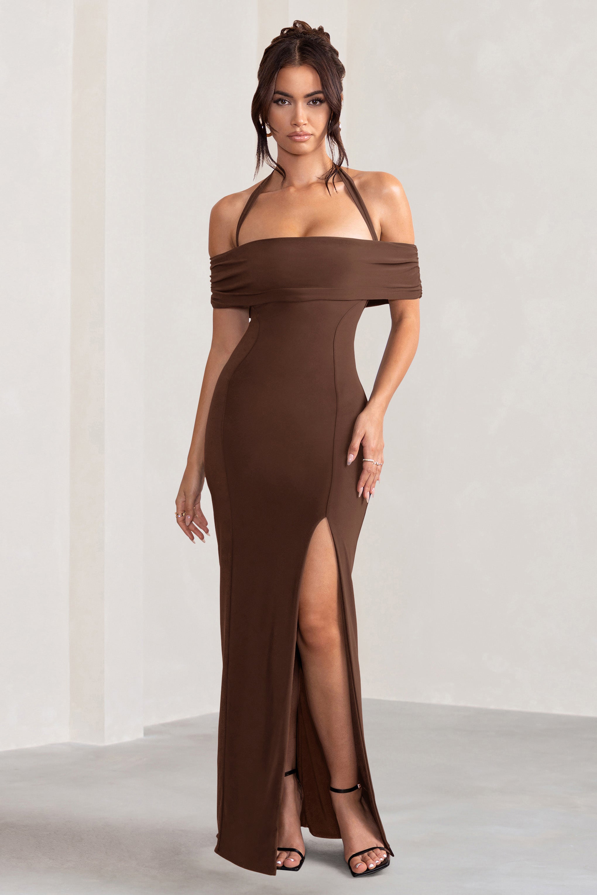 Anisa Chocolate Brown Layered Halter Neck Bardot Maxi Dress With Thigh Split-Fashionmomo.All Rights Reserved
