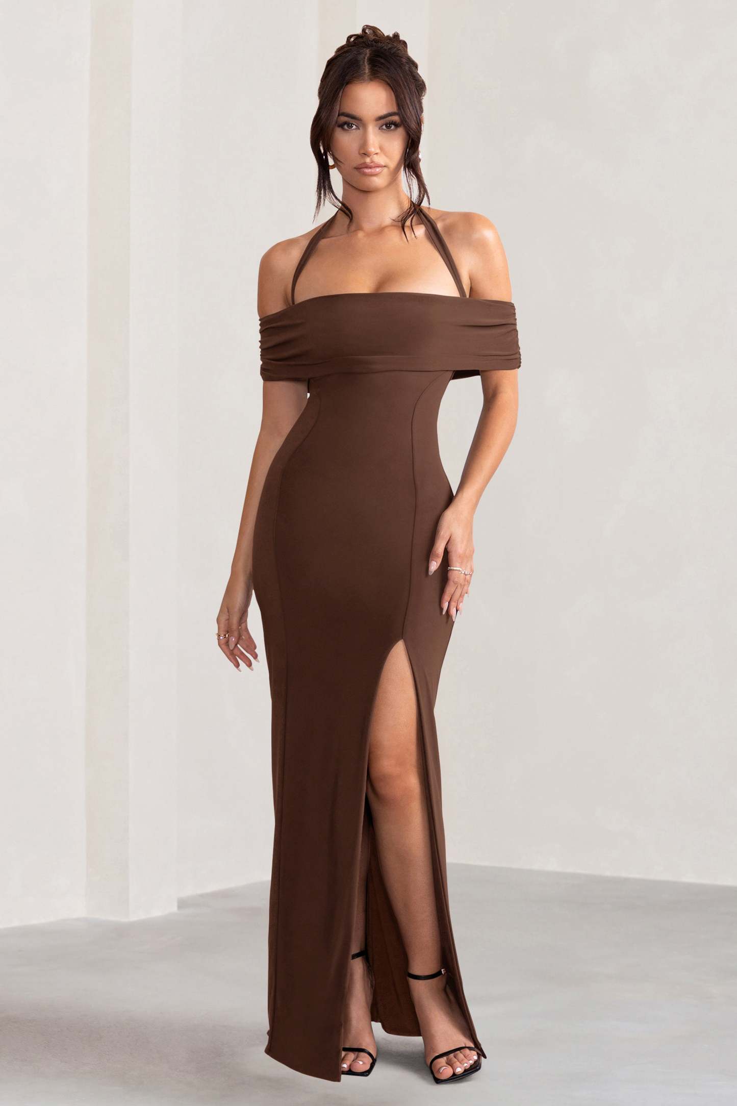 Anisa Chocolate Brown Layered Halter Neck Bardot Maxi Dress With Thigh Split-Fashionmomo.All Rights Reserved