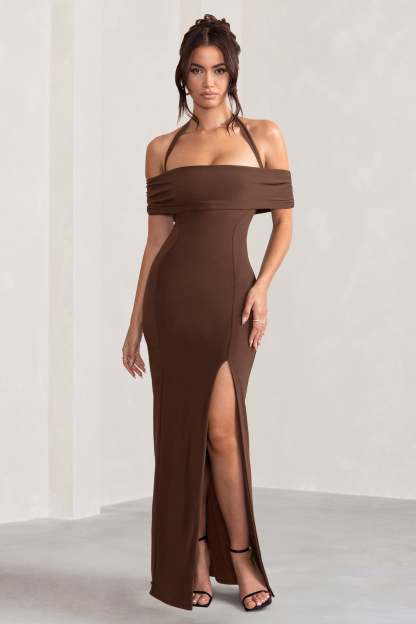 Anisa Chocolate Brown Layered Halter Neck Bardot Maxi Dress With Thigh Split-Fashionmomo.All Rights Reserved