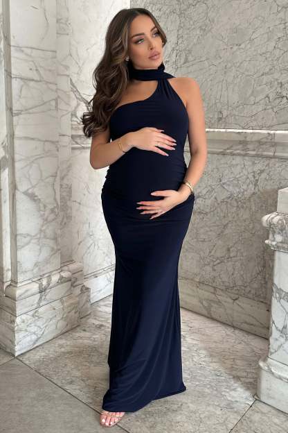 Alula Navy Maternity Asymmetric Maxi Dress with Cape Detailing-Fashionmomo.All Rights Reserved