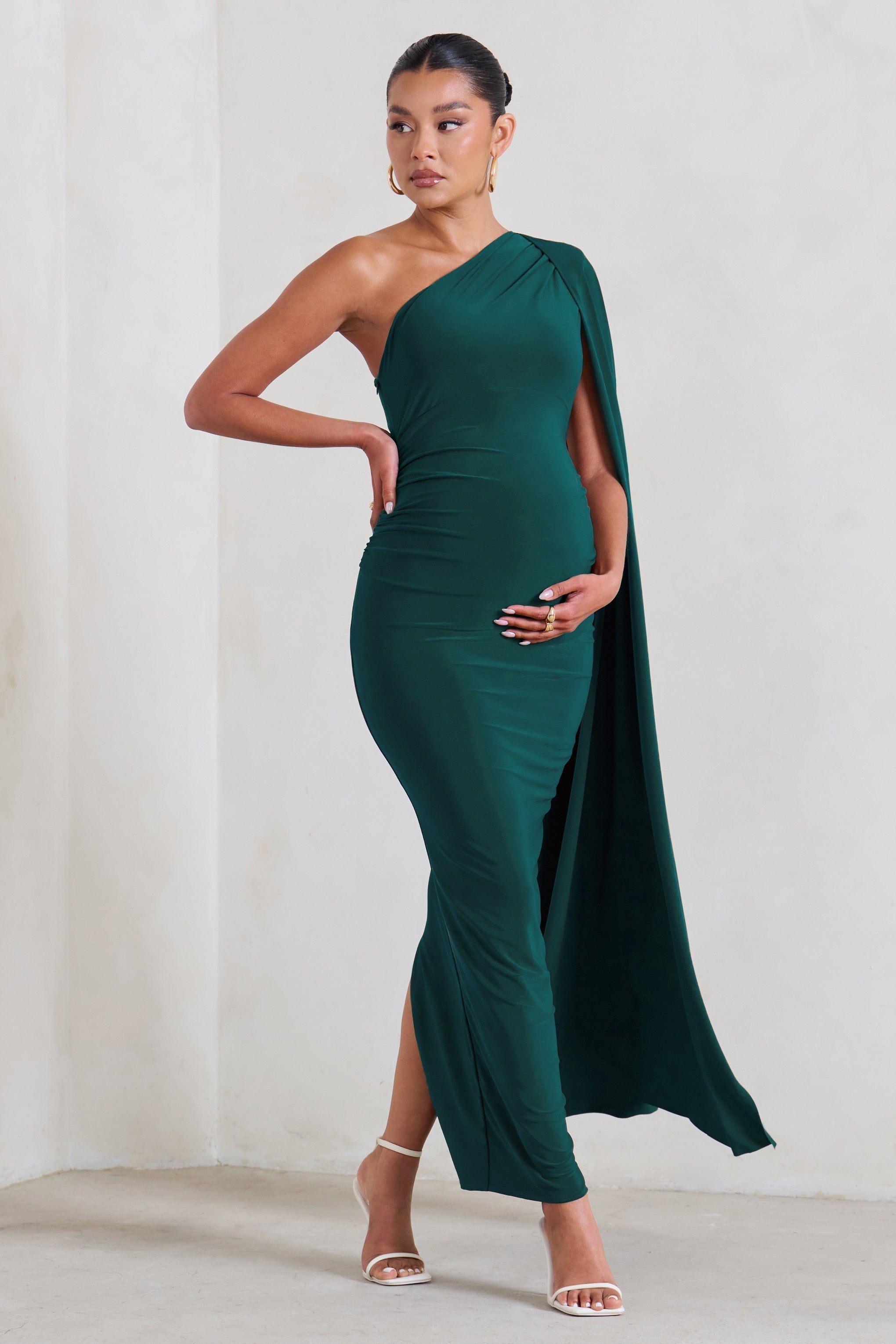 Amaryllis Bottle Green Maternity One Shoulder Maxi Dress with Cape Sleeve-Fashionmomo.All Rights Reserved