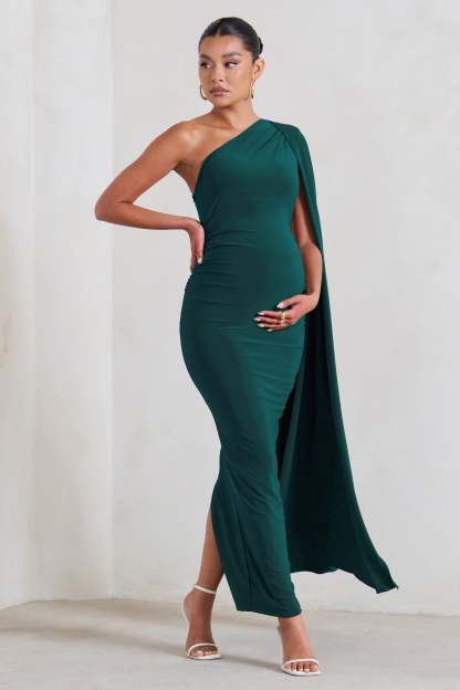 Amaryllis Bottle Green Maternity One Shoulder Maxi Dress with Cape Sleeve-Fashionmomo.All Rights Reserved