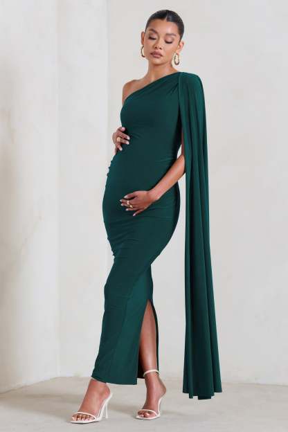 Amaryllis Bottle Green Maternity One Shoulder Maxi Dress with Cape Sleeve-Fashionmomo.All Rights Reserved