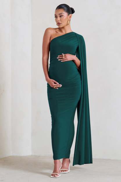 Amaryllis Bottle Green Maternity One Shoulder Maxi Dress with Cape Sleeve-Fashionmomo.All Rights Reserved