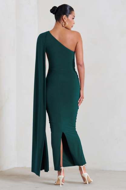 Amaryllis Bottle Green Maternity One Shoulder Maxi Dress with Cape Sleeve-Fashionmomo.All Rights Reserved