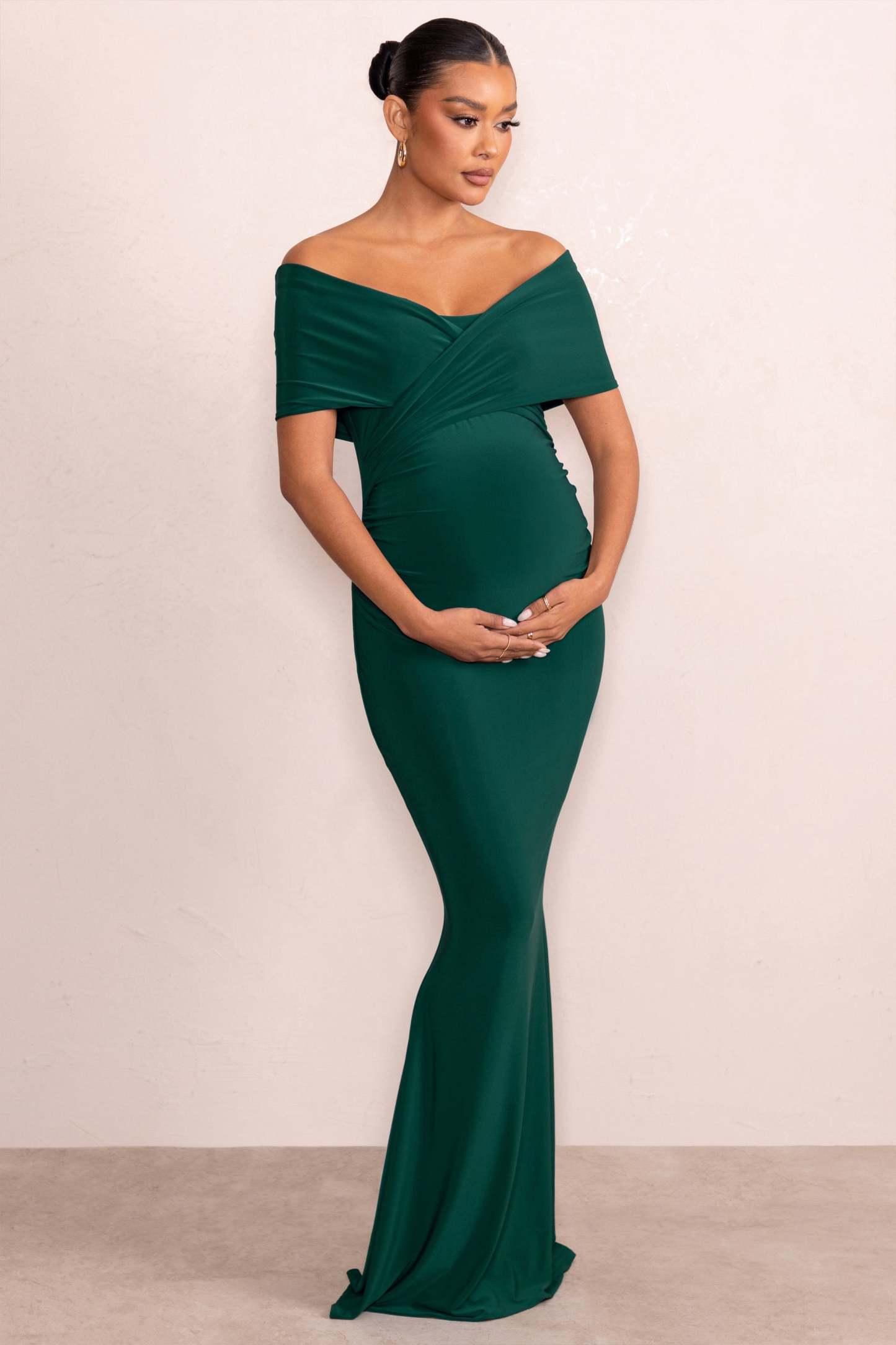 Amal Bottle Green Bardot Wrap Neckline Maternity Maxi Dress-Fashionmomo.All Rights Reserved