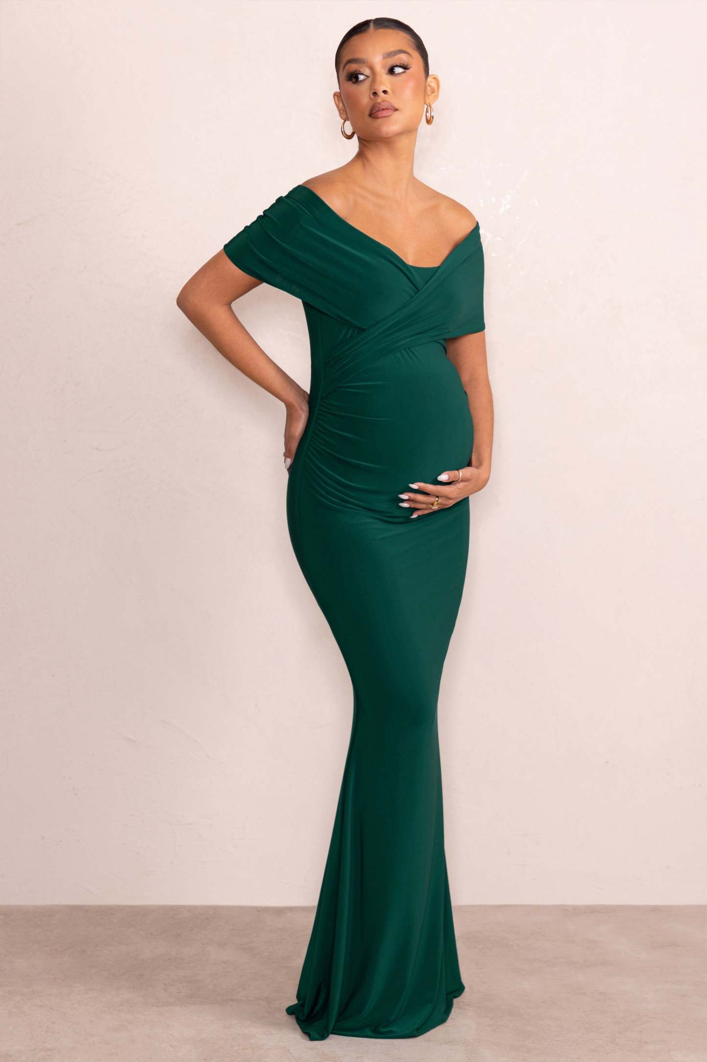 Amal Bottle Green Bardot Wrap Neckline Maternity Maxi Dress-Fashionmomo.All Rights Reserved