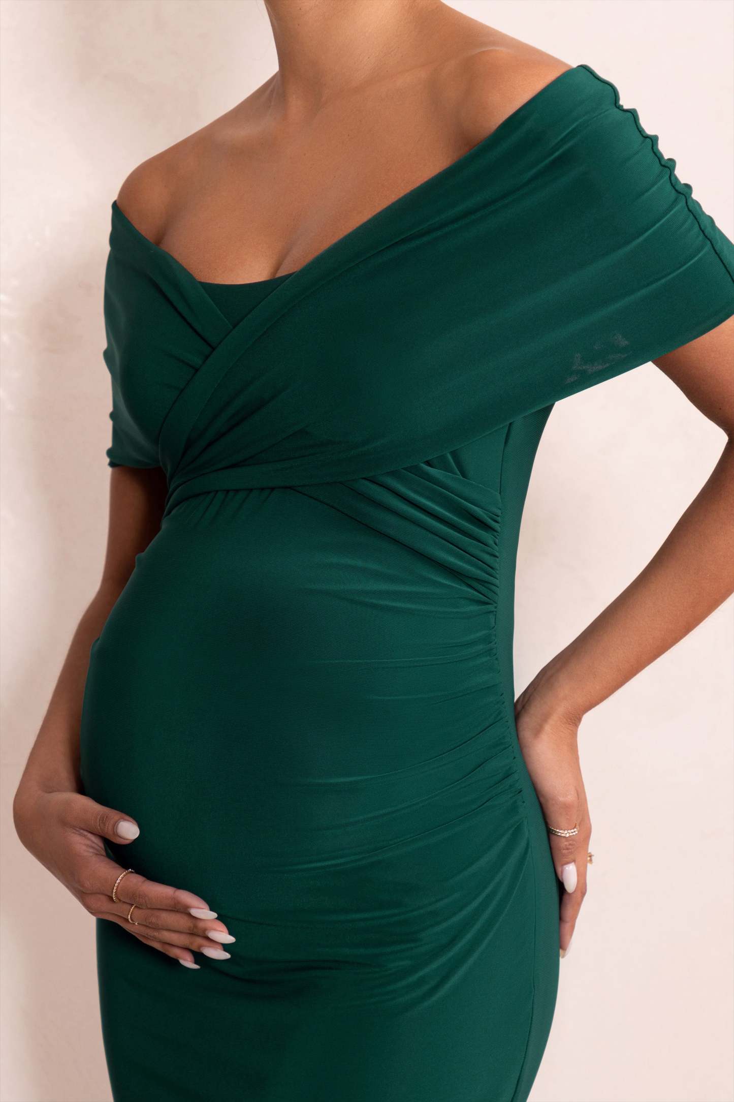 Amal Bottle Green Bardot Wrap Neckline Maternity Maxi Dress-Fashionmomo.All Rights Reserved