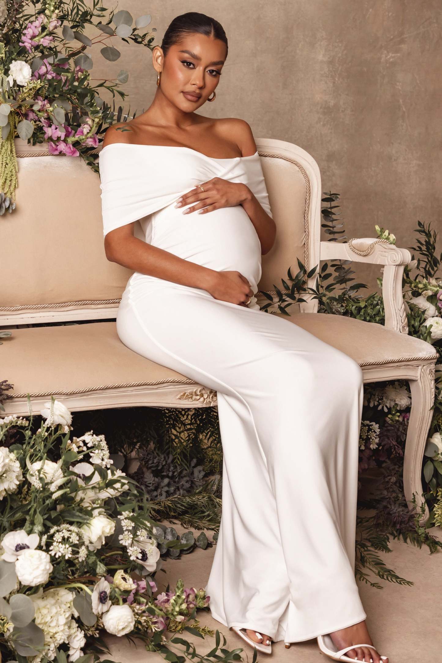 Amal White Bardot Wrap Neckline Maternity Maxi Dress-Fashionmomo.All Rights Reserved