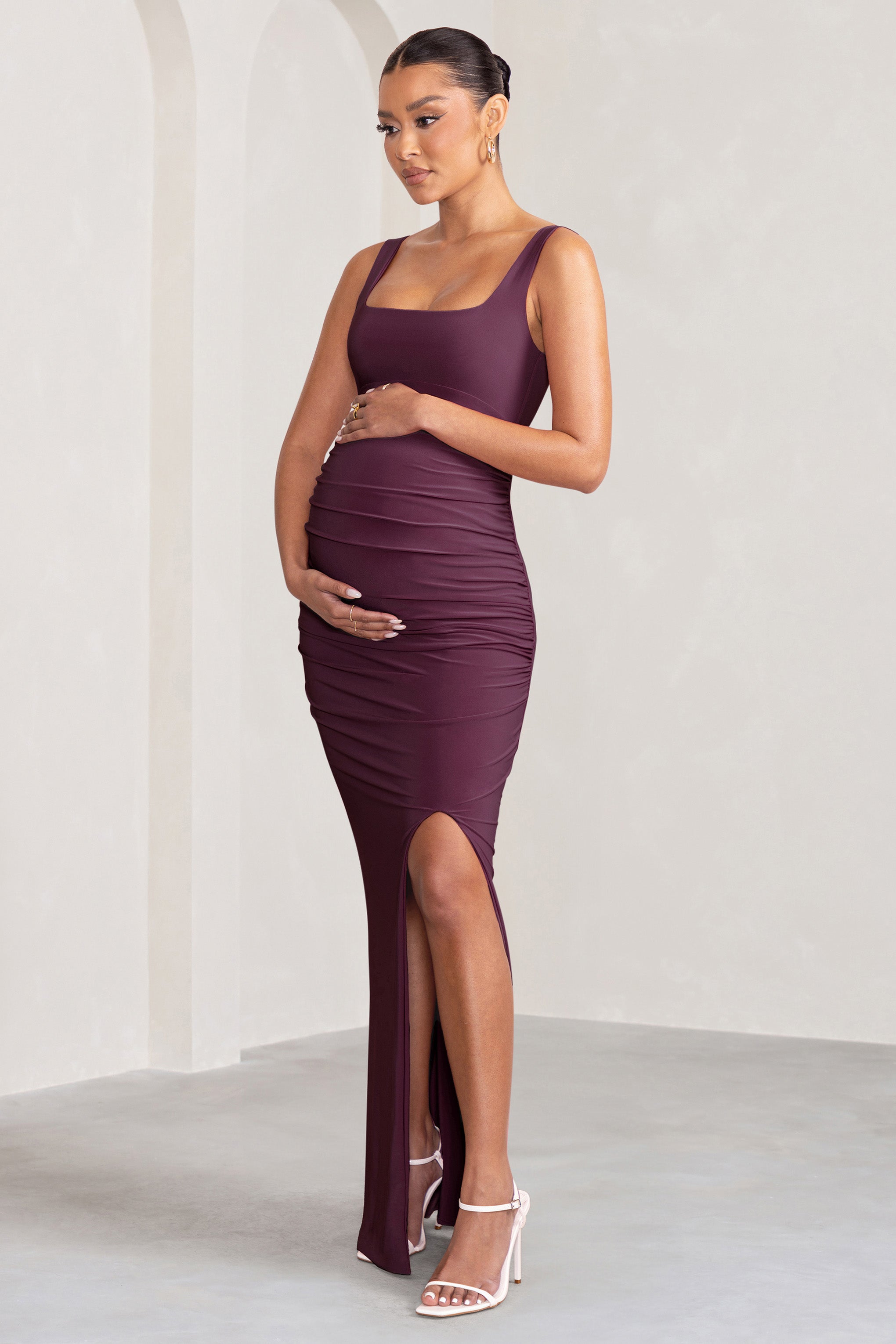 Avril Plum Square Neck Maternity Maxi Dress with Split-Fashionmomo.All Rights Reserved