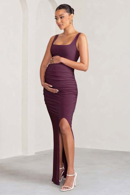 Avril Plum Square Neck Maternity Maxi Dress with Split-Fashionmomo.All Rights Reserved