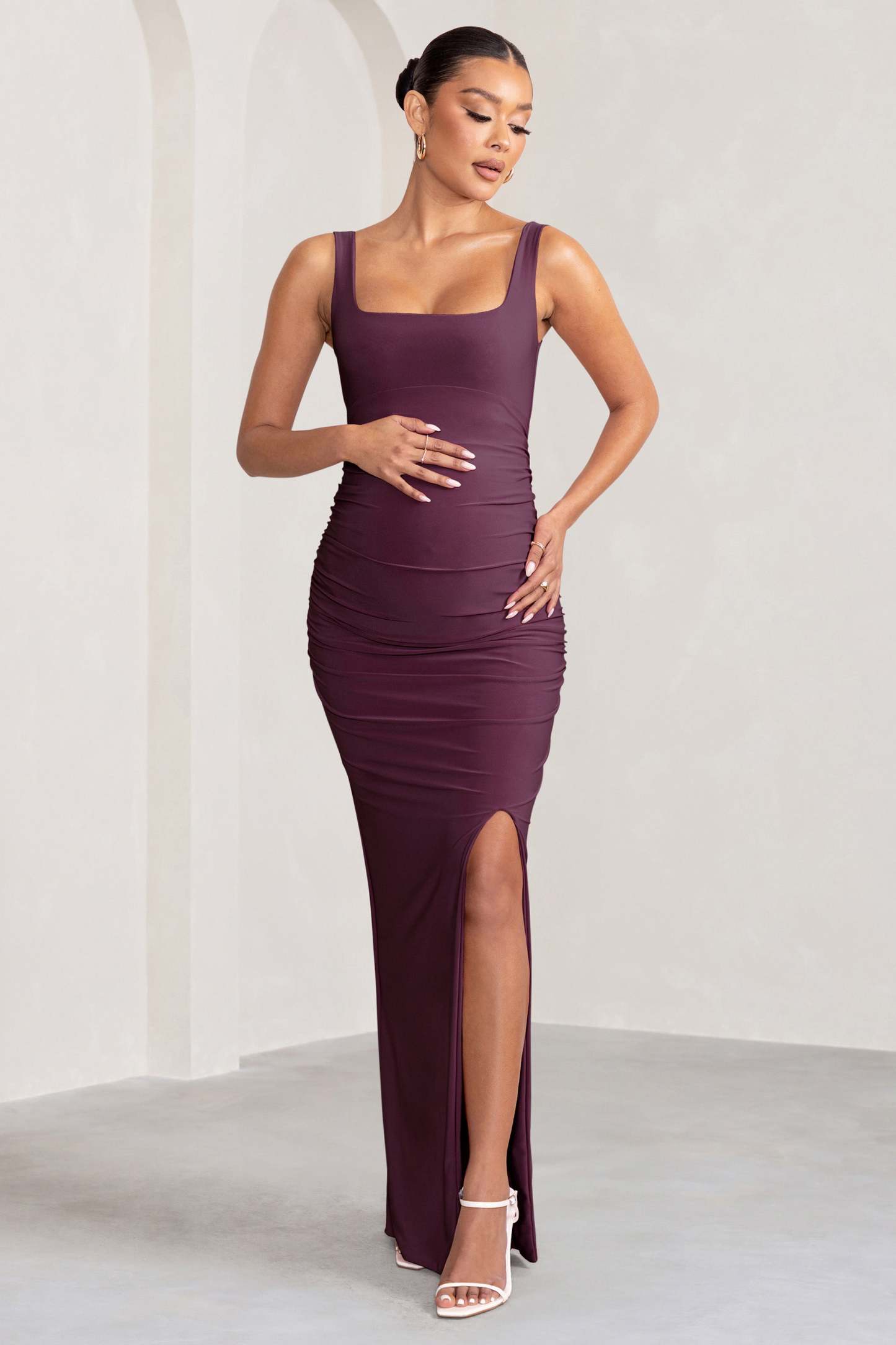 Avril Plum Square Neck Maternity Maxi Dress with Split-Fashionmomo.All Rights Reserved
