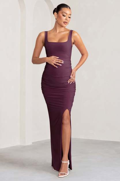 Avril Plum Square Neck Maternity Maxi Dress with Split-Fashionmomo.All Rights Reserved