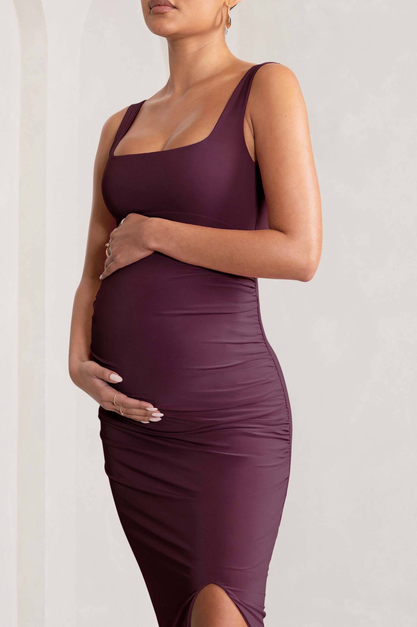Avril Plum Square Neck Maternity Maxi Dress with Split-Fashionmomo.All Rights Reserved