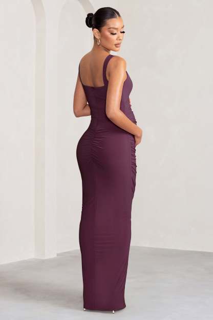 Avril Plum Square Neck Maternity Maxi Dress with Split-Fashionmomo.All Rights Reserved