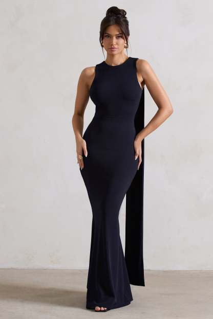 Patty Navy High-Neck Sleeveless Maxi Dress-Fashionmomo.All Rights Reserved