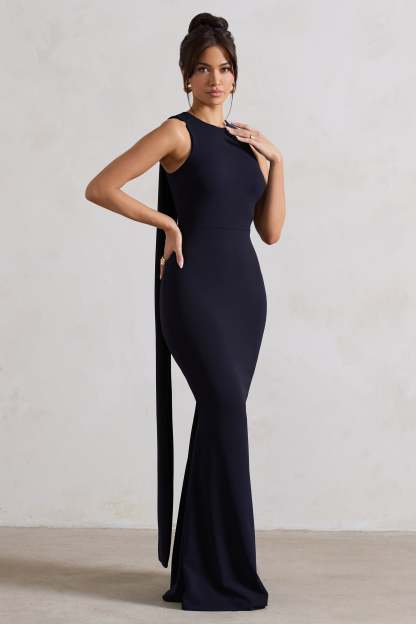 Patty Navy High-Neck Sleeveless Maxi Dress-Fashionmomo.All Rights Reserved