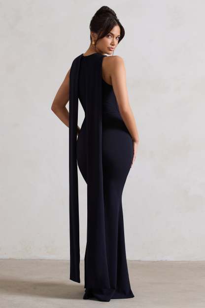 Patty Navy High-Neck Sleeveless Maxi Dress-Fashionmomo.All Rights Reserved