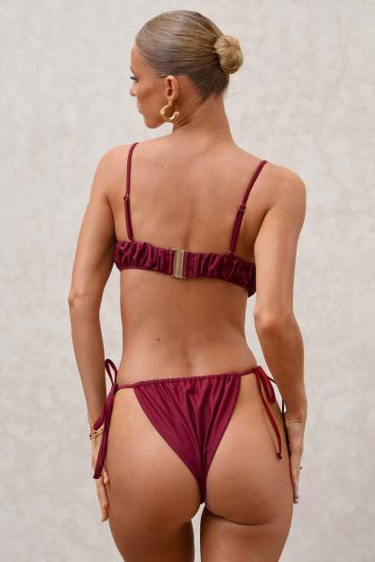 Fortune Burgundy Pleated Chain Bikini Bottoms-Fashionmomo.All Rights Reserved