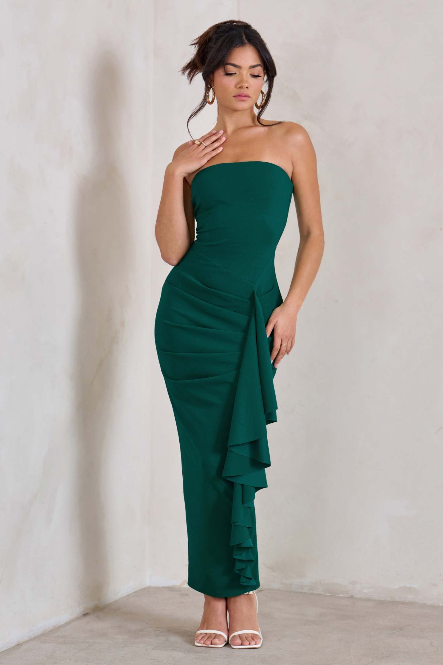 Fleur Bottle Green Bandeau Ruffle Maxi Dress-Fashionmomo.All Rights Reserved