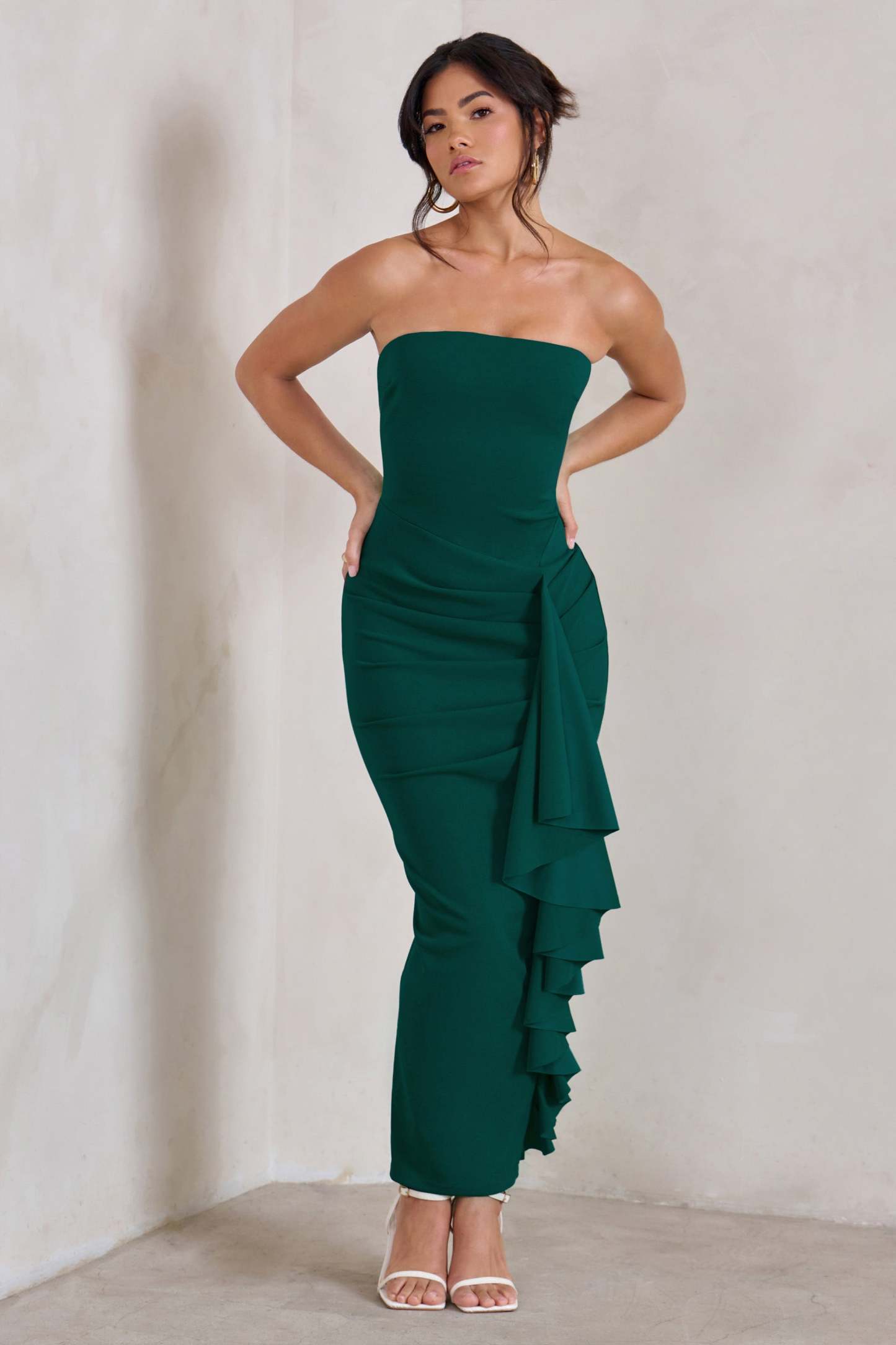 Fleur Bottle Green Bandeau Ruffle Maxi Dress-Fashionmomo.All Rights Reserved