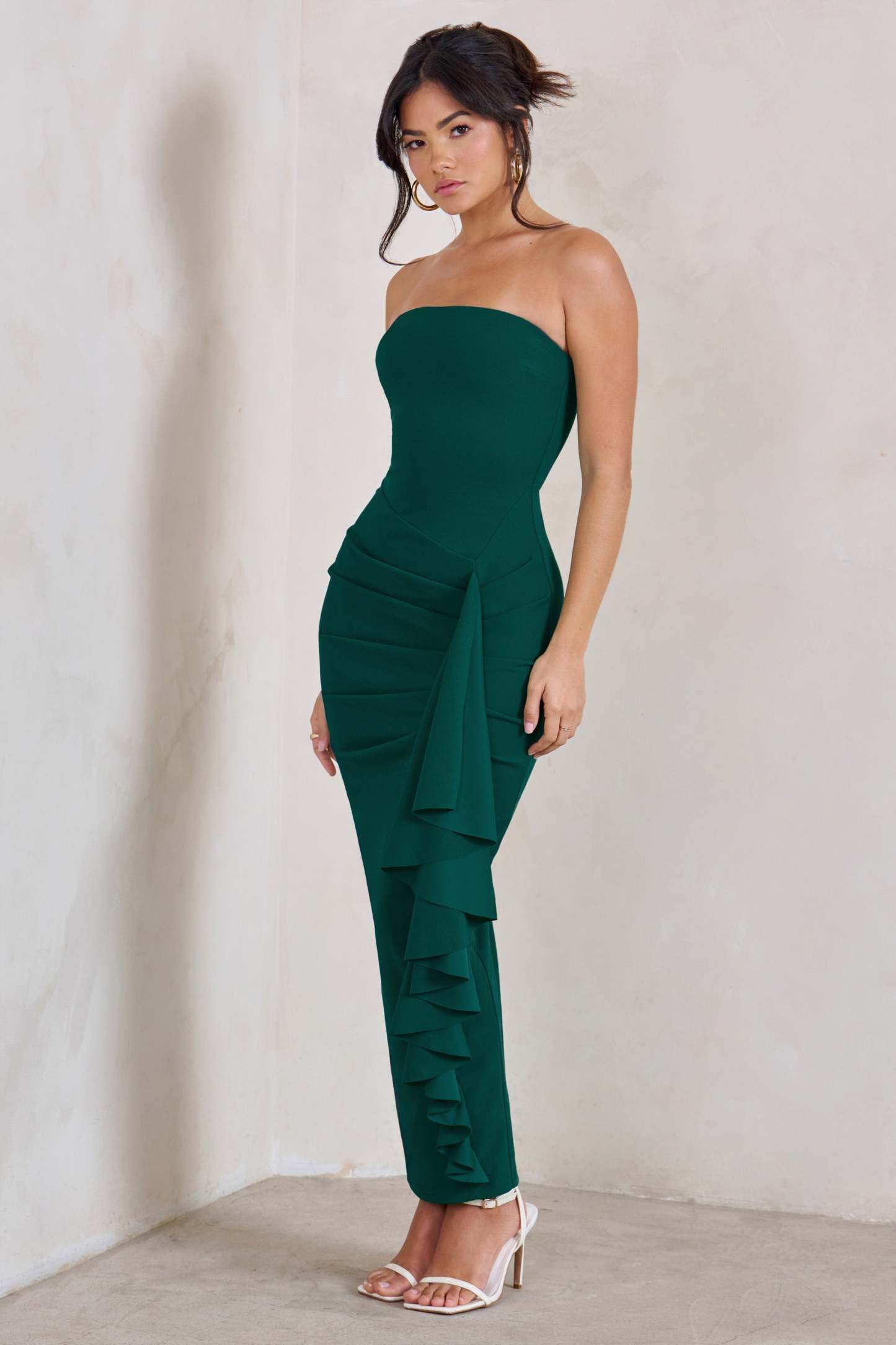 Fleur Bottle Green Bandeau Ruffle Maxi Dress-Fashionmomo.All Rights Reserved