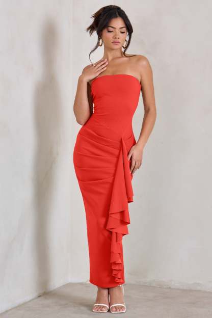 Fleur Coral Bandeau Ruffle Maxi Dress-Fashionmomo.All Rights Reserved