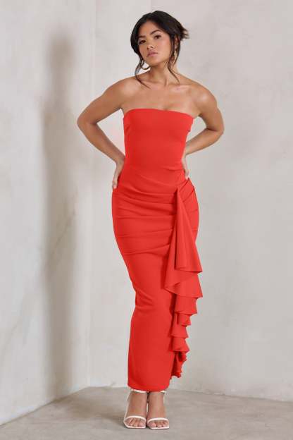 Fleur Coral Bandeau Ruffle Maxi Dress-Fashionmomo.All Rights Reserved