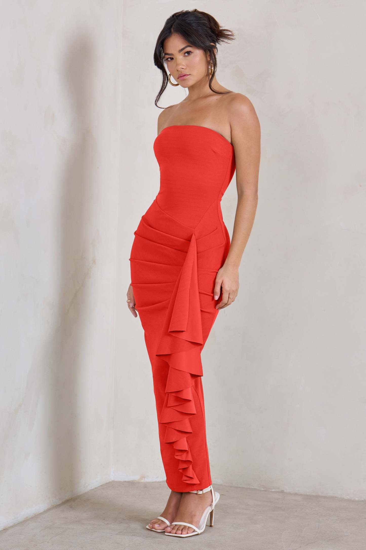 Fleur Coral Bandeau Ruffle Maxi Dress-Fashionmomo.All Rights Reserved