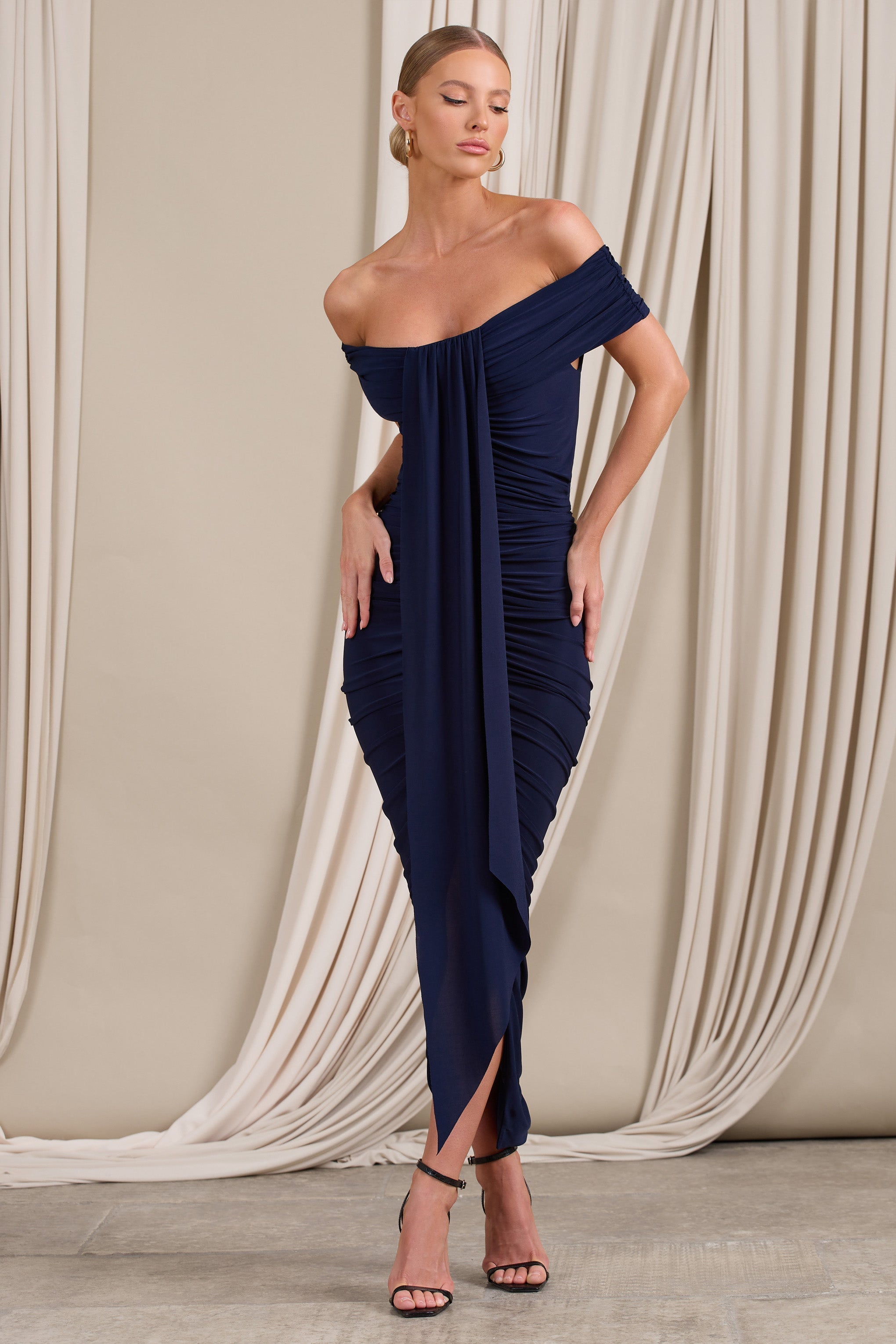 Camrin Navy Ruched Bardot Maxi Dress With Train Detail-Fashionmomo.All Rights Reserved