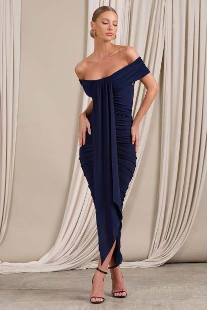 Camrin Navy Ruched Bardot Maxi Dress With Train Detail-Fashionmomo.All Rights Reserved