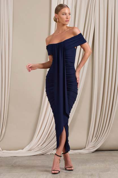 Camrin Navy Ruched Bardot Maxi Dress With Train Detail-Fashionmomo.All Rights Reserved